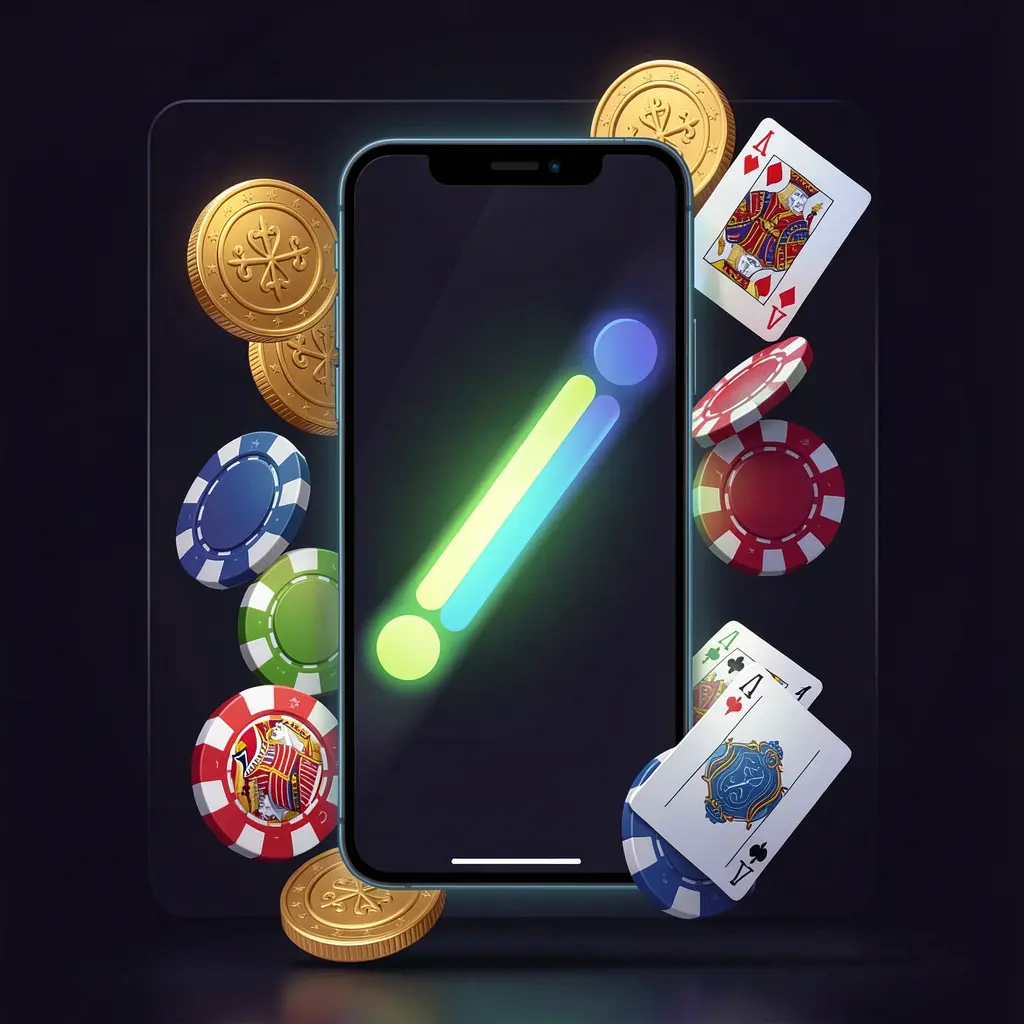 99TORO casino app installation on a smartphone with a glowing progress bar, surrounded by coins, chips, and cards on a dark background, showcasing premium mobile gaming design