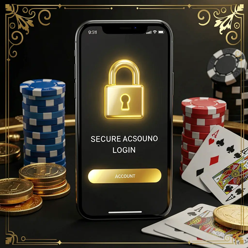 99TORO secure casino account login concept with glowing lock icon on smartphone screen surrounded by poker chips, playing cards, and golden coins on elegant black and gold background