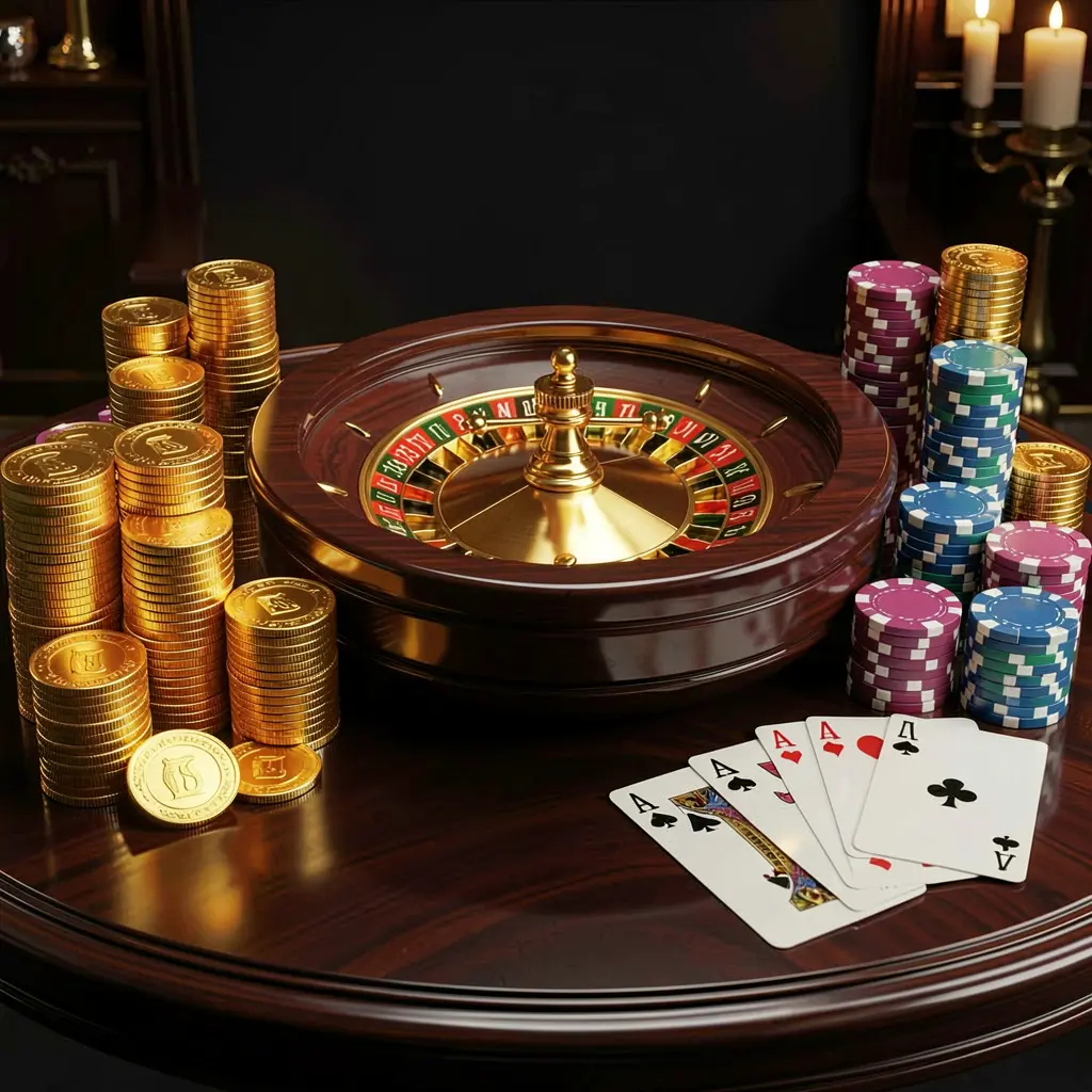 99TORO premium online casino banner featuring golden coins, glowing chips, roulette wheel, and cards on a glossy table with an elegant dark background in a high detail realistic 3D render